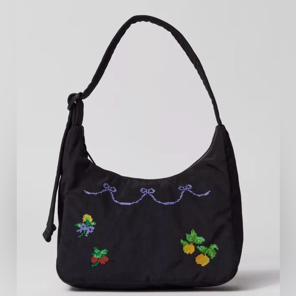 BAGGU Mini Nylon Shoulder Bag in black "Cross Stitch" pattern